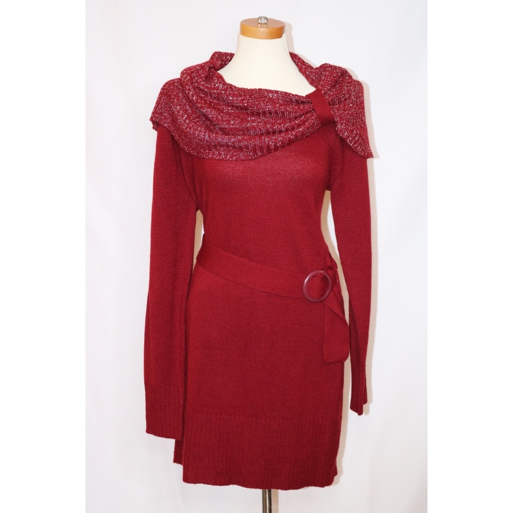 New Extra Touch Red Sweather Dress W/Scraf